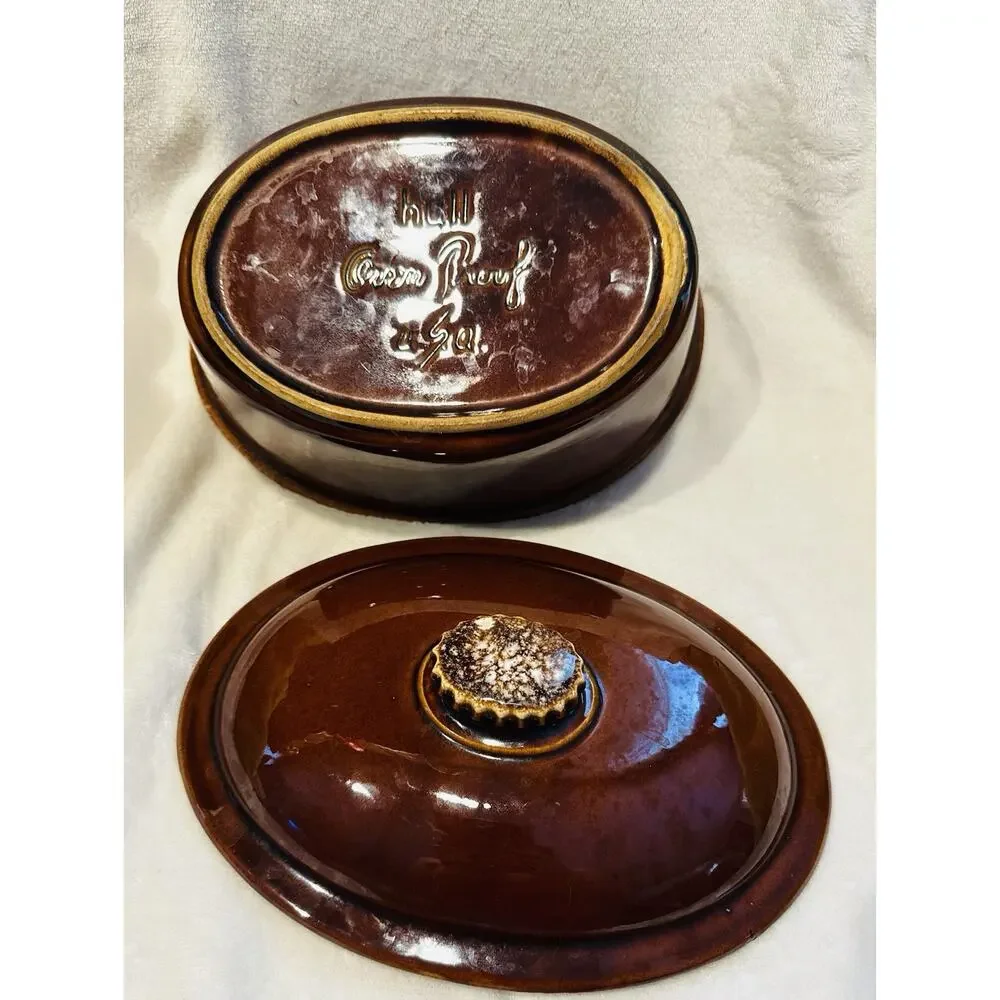 Hull USA Oven Proof Pottery Large Oval Casserole Bowl w Lid Vtg Country Bakeware